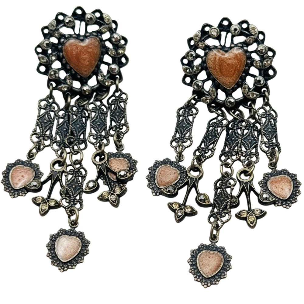 Banana Bob‎ Heart Earrings VTG Pierced pink crystal Sweetheart Enamel Dangle 90s